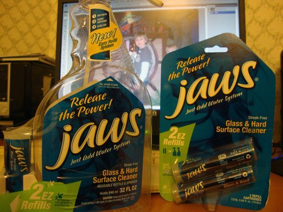 Jaws Cleaner Shower Cleaner Bottle with 2 Refill Pods. Refillable Cleaning Supplies.