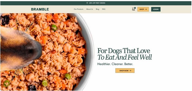 Bramble Pets official website screenshot plant based dog food
