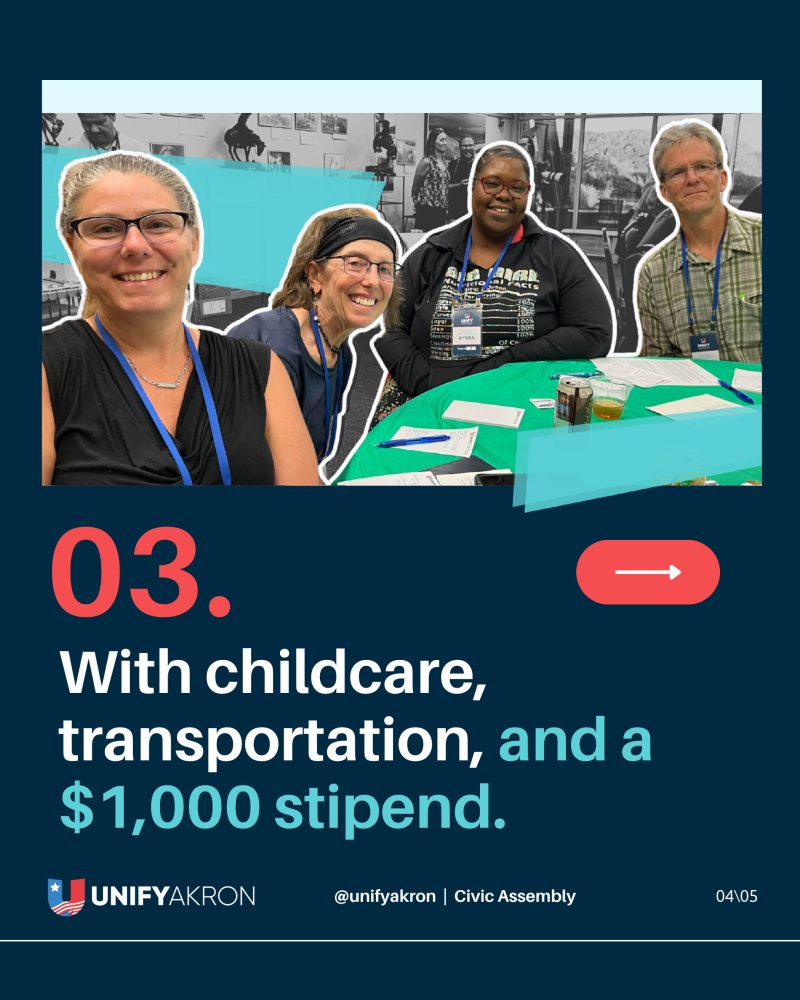 Infographic showing the benefits of joining the Unify Akron Assembly, including a $1,000 stipend, free childcare, and transportation support.