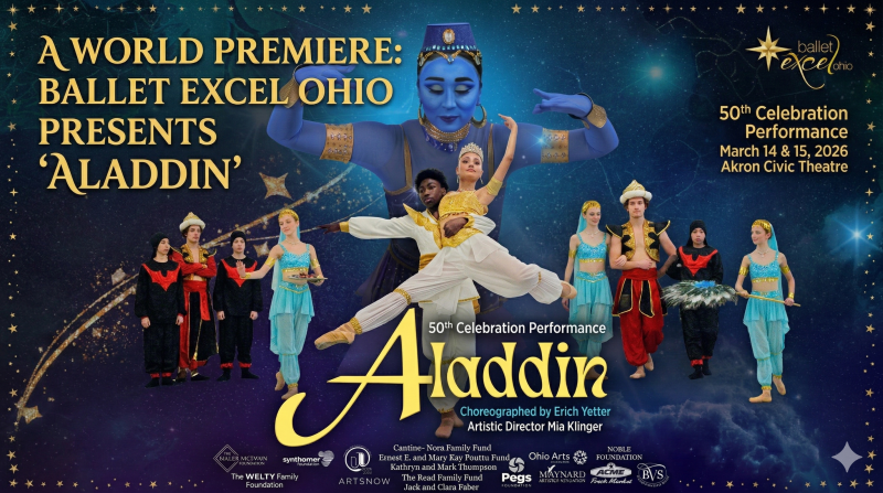 Ballet Excel Ohio 50th Celebration performance of Aladdin world premiere at Akron Civic Theatre, March 14-15 2026