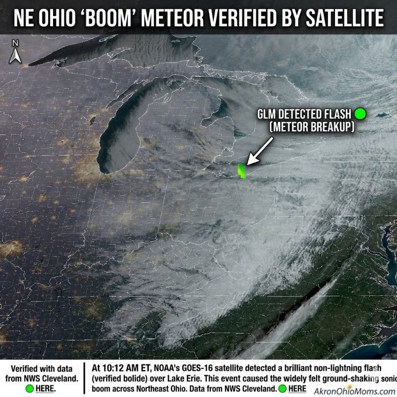 Satellite imagery from GOES-16 showing meteor flash over Northeast Ohio and Lake Erie on March 17 2026