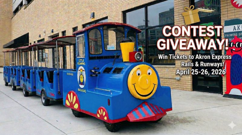 picture of ride-on train in front of Akron Children's Museum for Akron Express Rails & Runways event