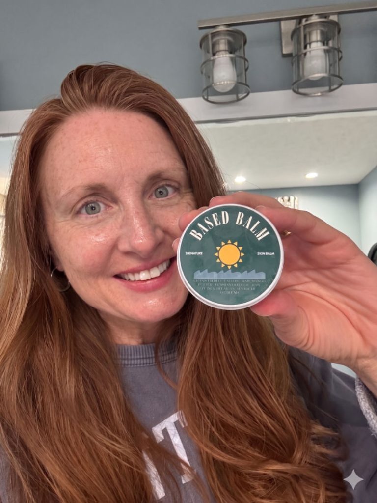 Cindy Orley from AkronOhioMoms wearing Based Balm tallow to prevent signs of aging.