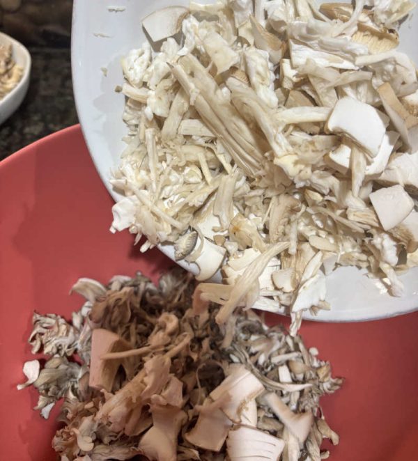 Easy BBQ Pulled Mushroom Sandwiches Vegan Pulled Pork Recipe Royal Trumpet mushrooms adding to bowl of Maitake and Pearl Oyster mushrooms for Easy BBQ Pulled Mushroom Sandwiches Vegan Pulled Pork Recipe