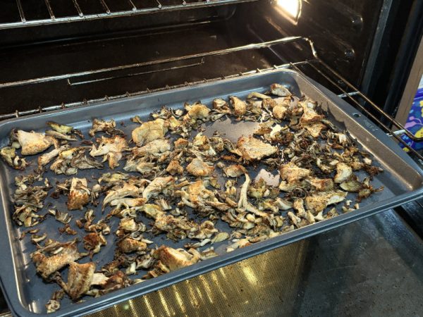 Easy Oven-Roasted Pizza Mushrooms Recipe 2 cooked mushrooms coming out of an Oven on a cooking tray