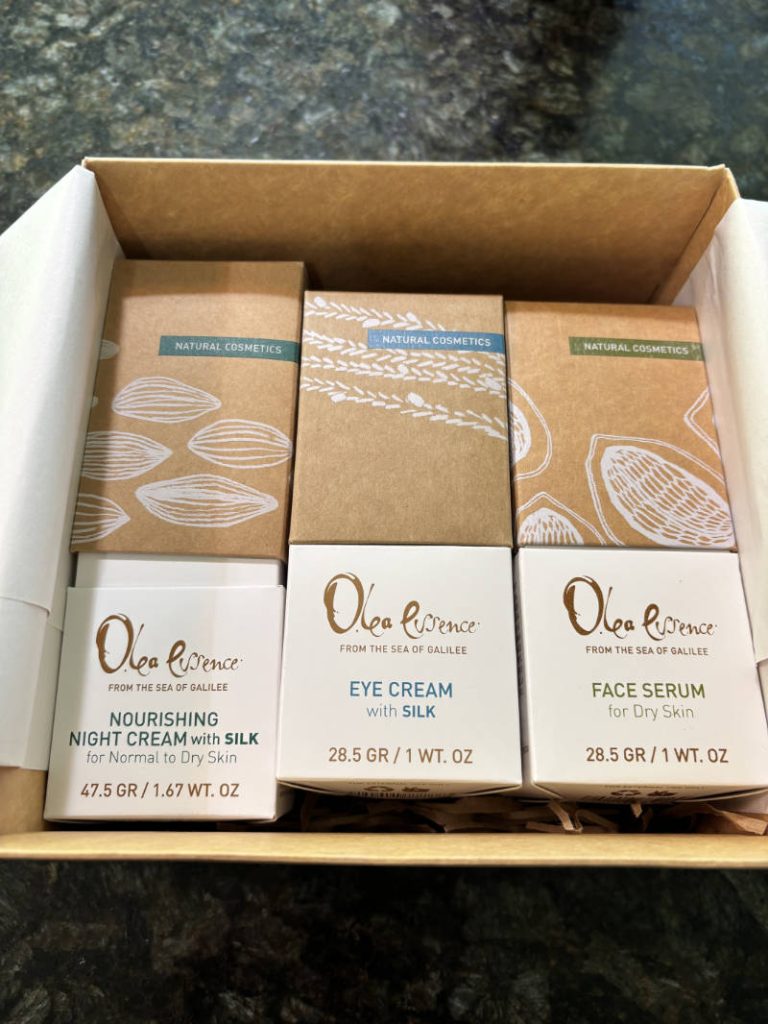 A stunning boxed gift set featuring Olea Essence Nourishing Night Cream, Eye Cream, and Face Serum.