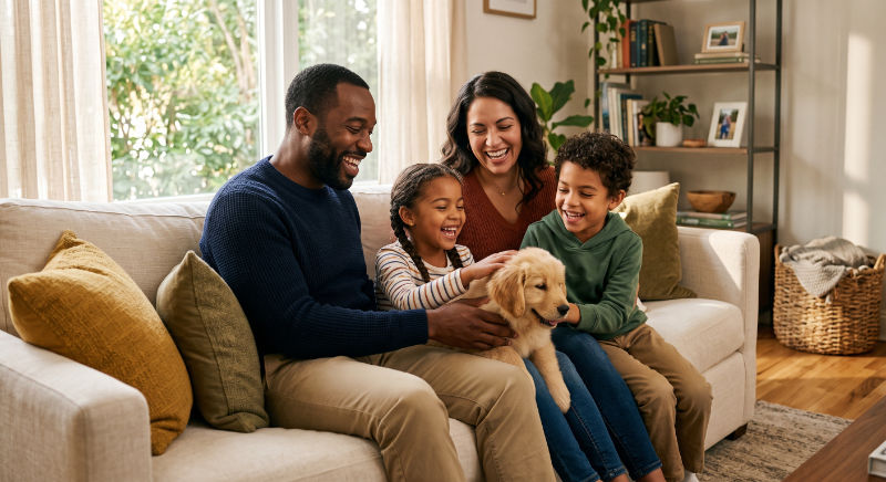 family on couch with puppy dog