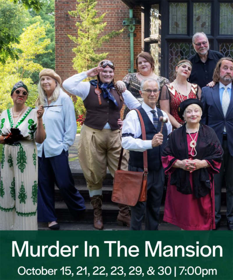 Murder Mystery cast photo standing in front of Stan Hywet Hall & Gardens in Akron, Ohio