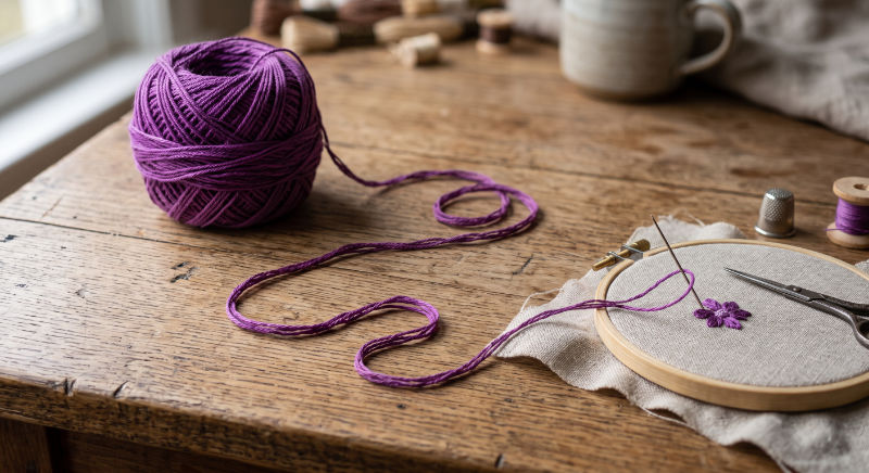 purple Embroidery Thread on a wood table